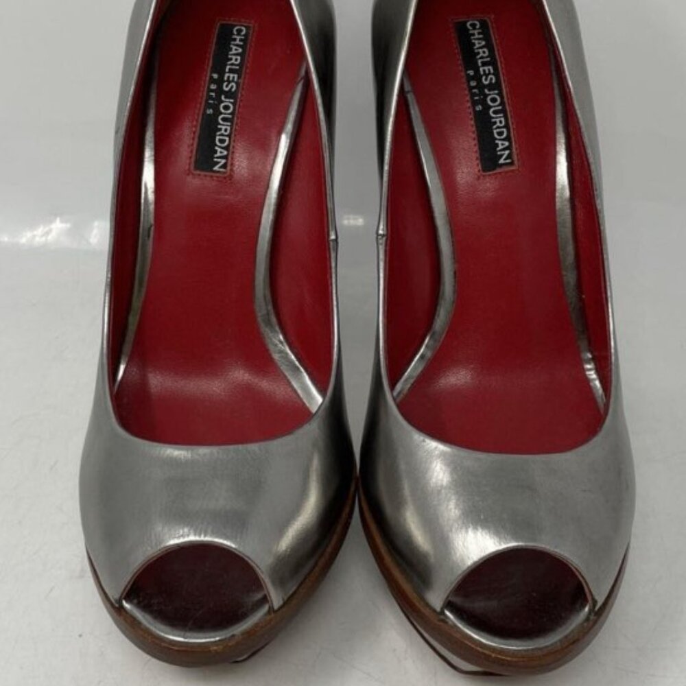 Charles Jourdan Silver Leather Peep-Toe Heels – Size 8.5M